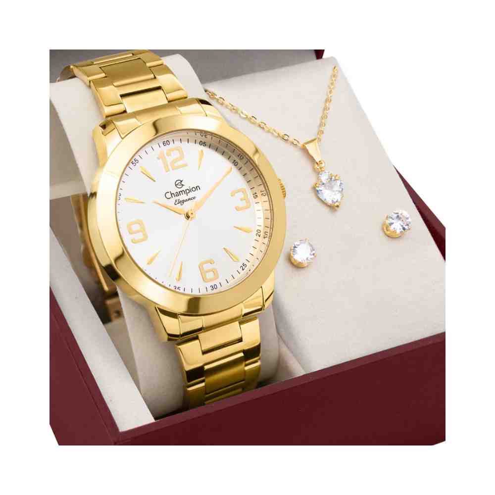 Kit Relógio Champion Elegance Dourado Feminino CN24717W