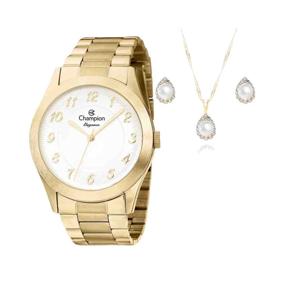 Kit Relógio Champion Elegance Dourado Feminino CN26484W